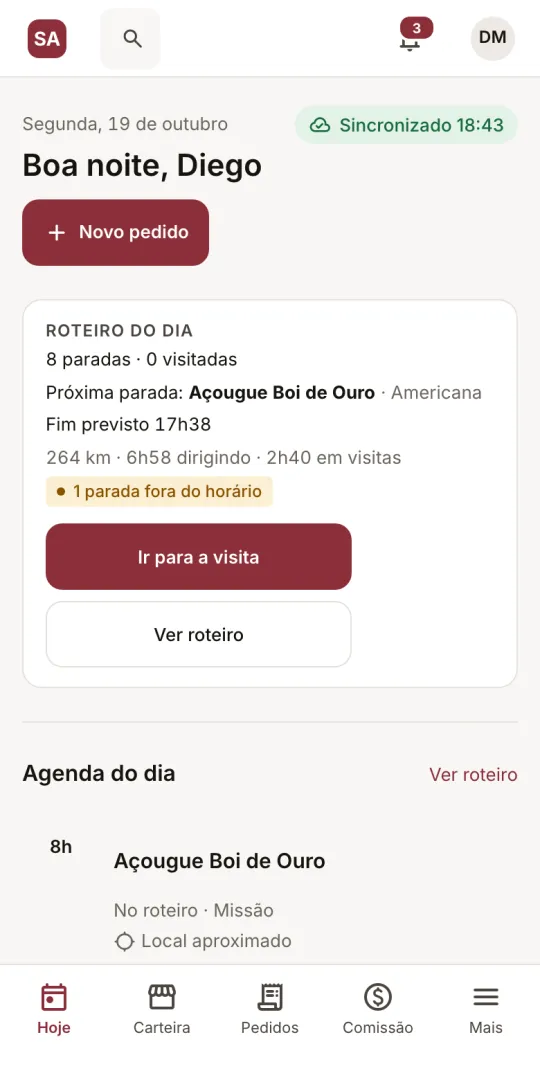 Tela Hoje no celular do vendedor, com o roteiro do dia e as prioridades